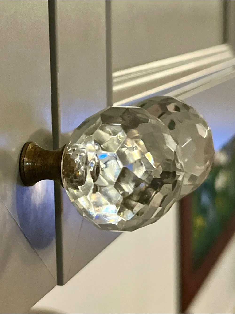 Crystal Faceted Glass Drawer Knob - with Antique Brass Base - Set of 4